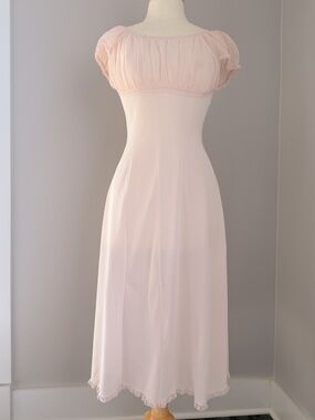 Vintage Pink Nylon Slip Dress Lace Trim Cottagecore Fairy Grunge Midi